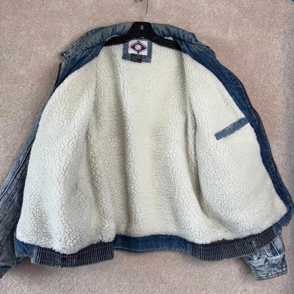 VINTAGE 80s Acid Wash Denim Bomber Jacket Mens Size XL Fleece Lined Distressed - Picture 6 of 12